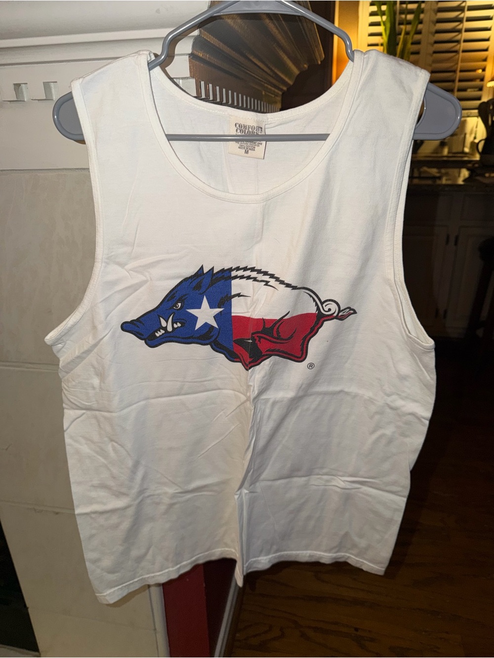 Arkansas Comfort Colors White Tank Top with Blue & Red Texas Flag